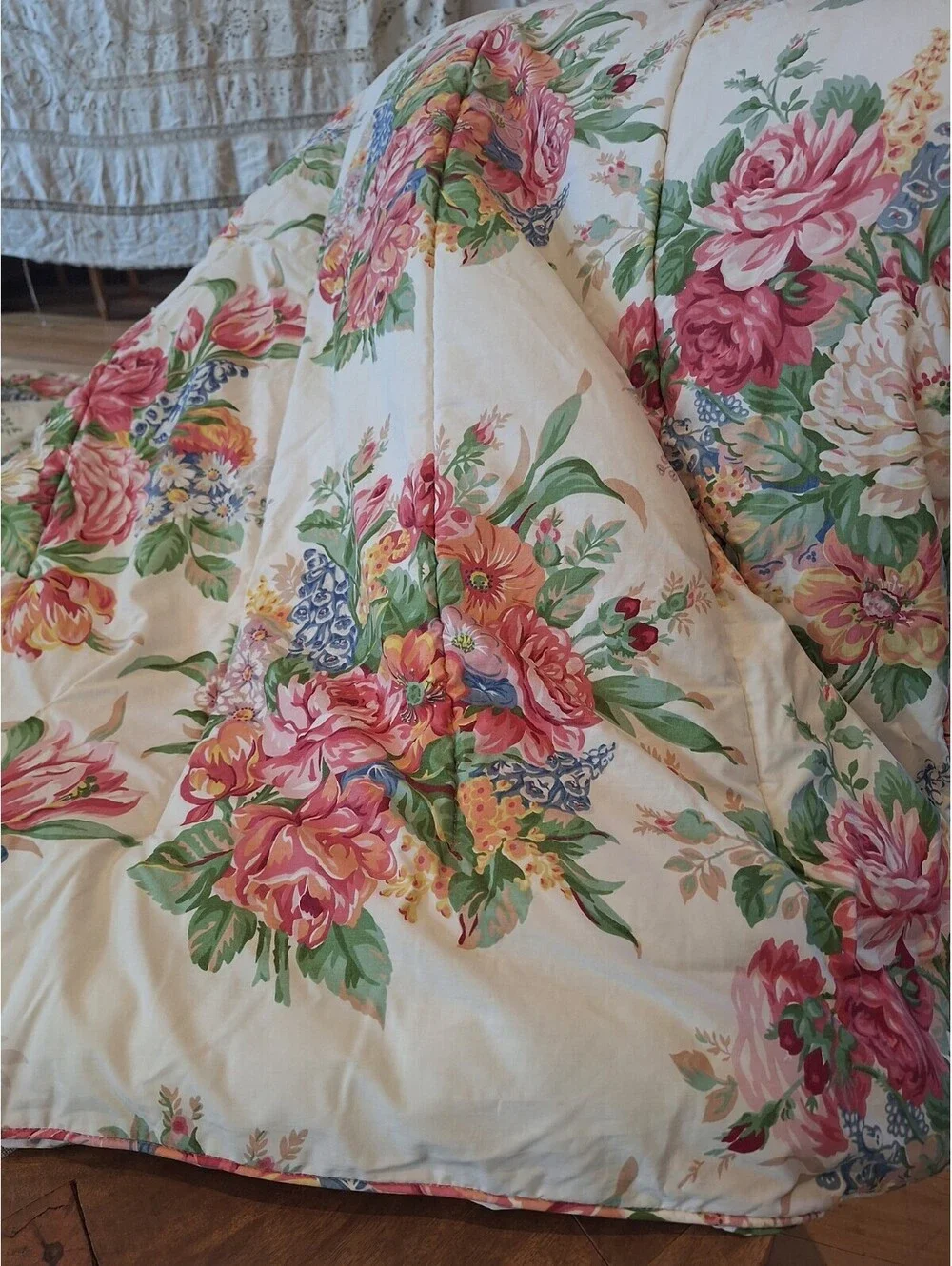 VTG Ralph Lauren MELISSA Comforter, 2 Shams. Floral/White, KING, Cottage, Farm.